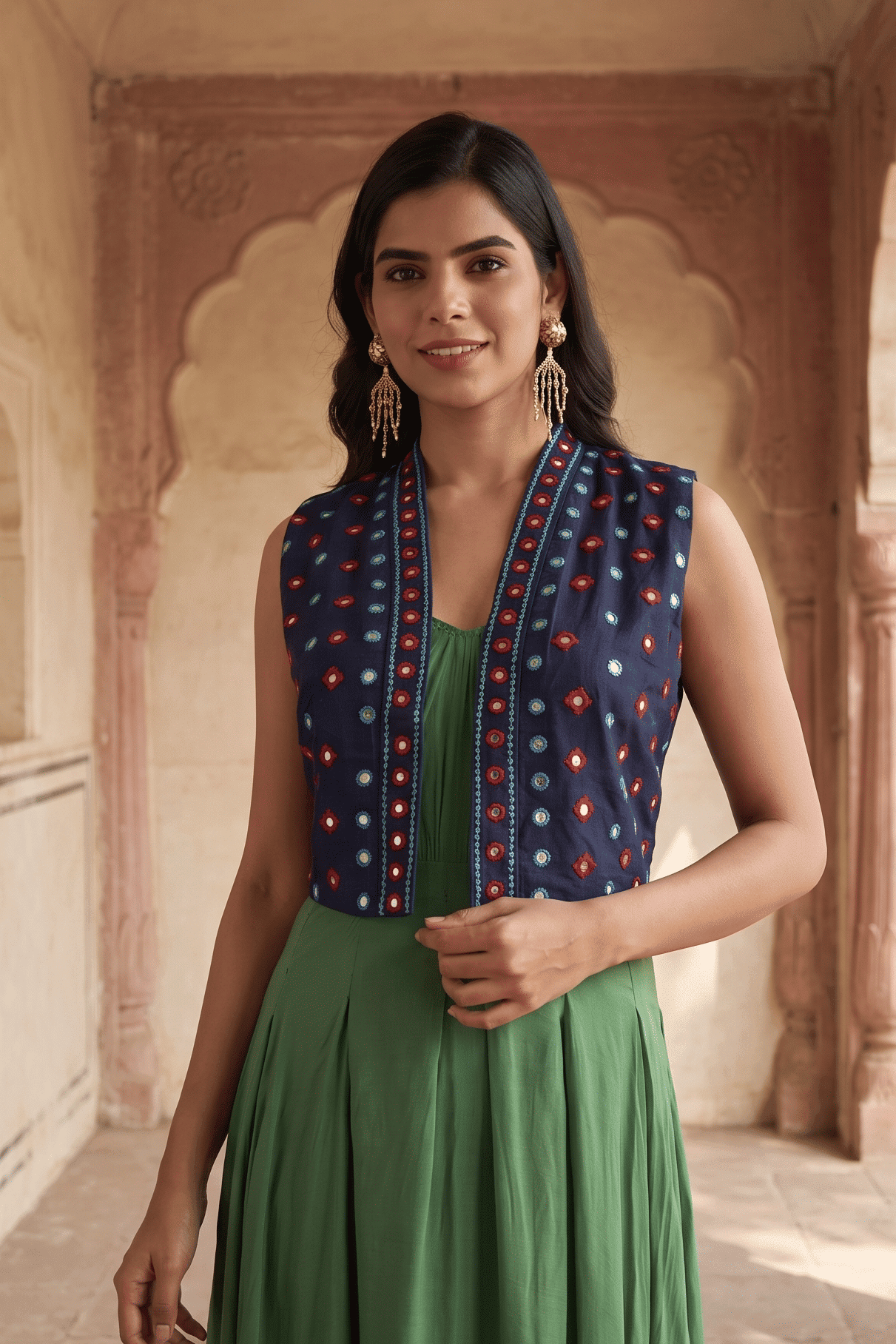 Indigo Cotton Lurex Mirror Embroidered Cropped Jacket - Western Era Tops for women