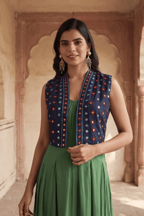Indigo Cotton Lurex Mirror Embroidered Cropped Jacket - Western Era Tops for women