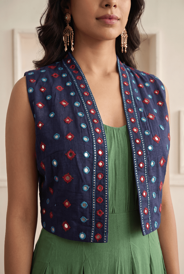 Indigo Mirror Embroidered Cropped Jacket - Western Era Tops for women