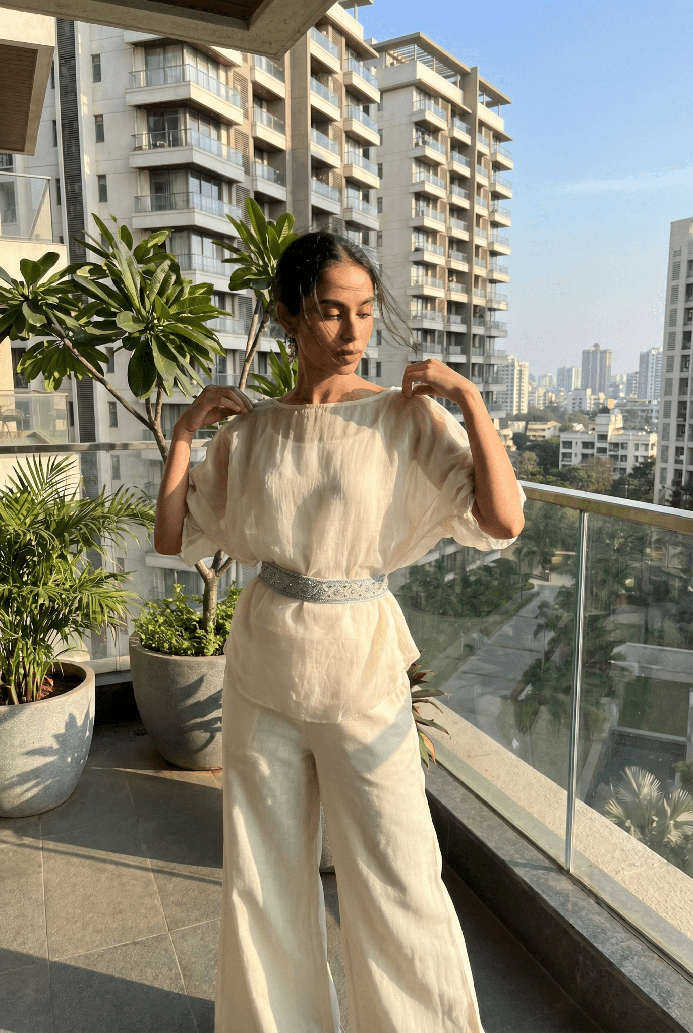 Ivory Sheer Top With Inner and Embellished Belt - Western Era Tops for women