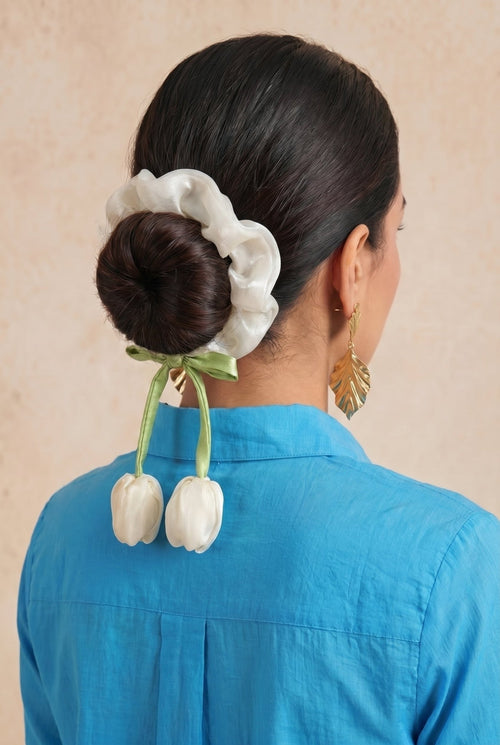 Ivory Tulip Satin Silk Scrunchie