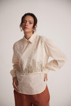 Ivory White Collar Top With Zari Embroidered Skyline On Front - Western Era Embroidery for women