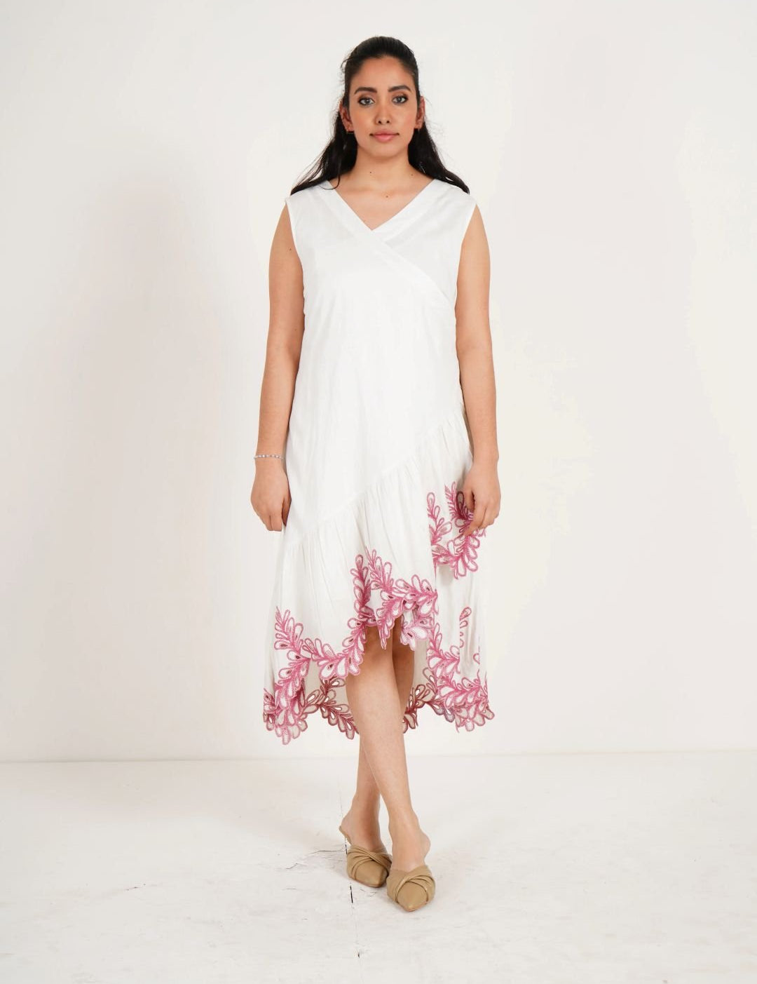 Ivory Wrap Dress with Cutwork Embroidery on Bottom - Western Era Dresses for women