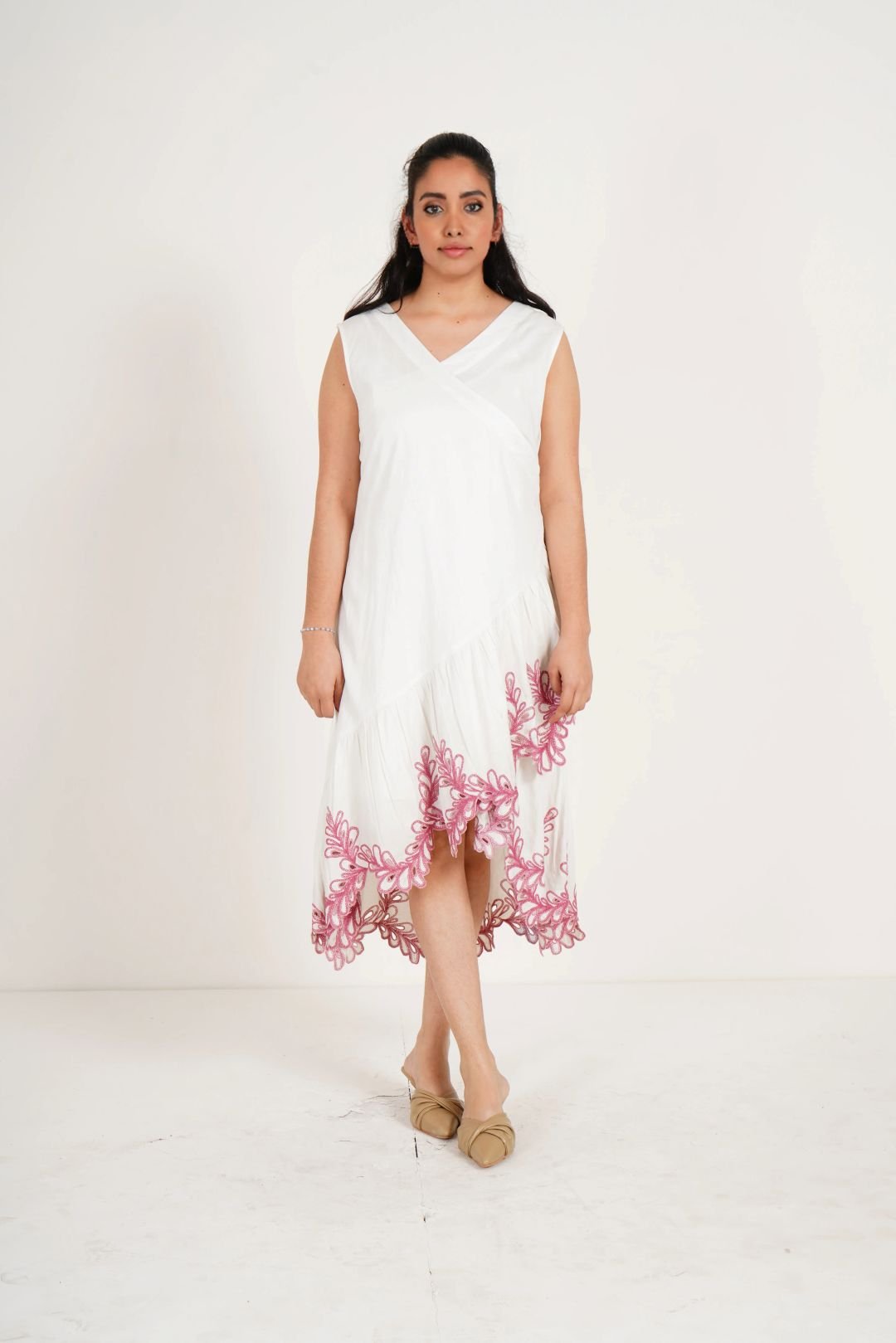 Ivory Wrap Dress with Cutwork Embroidery on Bottom - Western Era Dresses for women