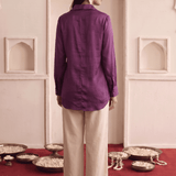 Wine Modal Satin Embroidered Kaftan Shirt with High-Low Hem - Western Era Tops for women