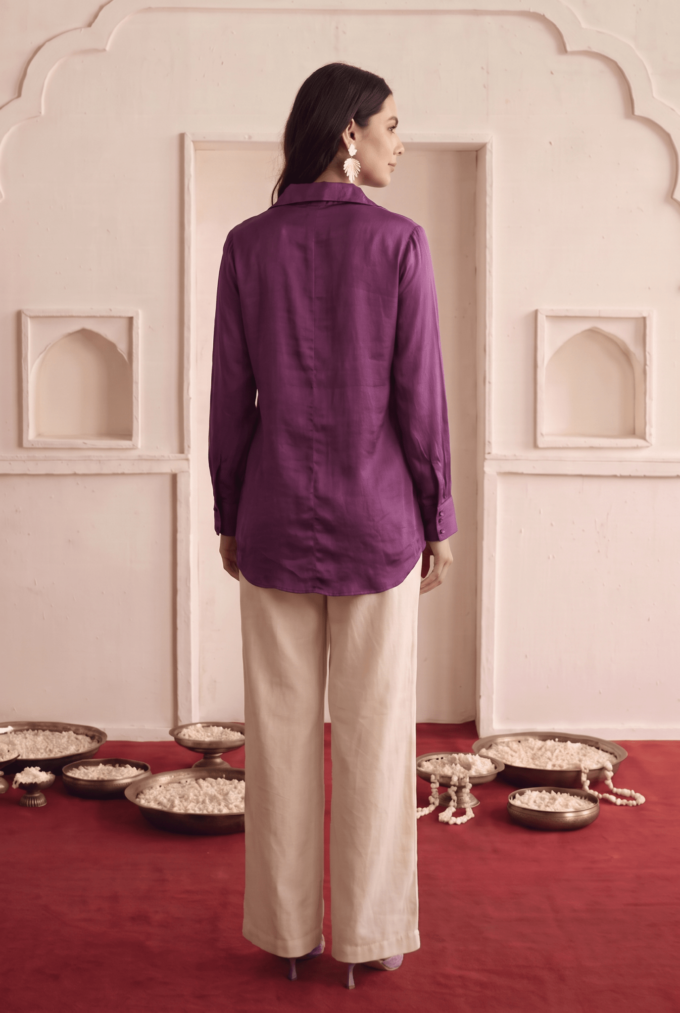 Wine Modal Satin Embroidered Kaftan Shirt with High-Low Hem - Western Era Tops for women