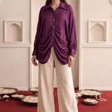 Wine Modal Satin Embroidered Kaftan Shirt with High-Low Hem - Western Era Tops for women