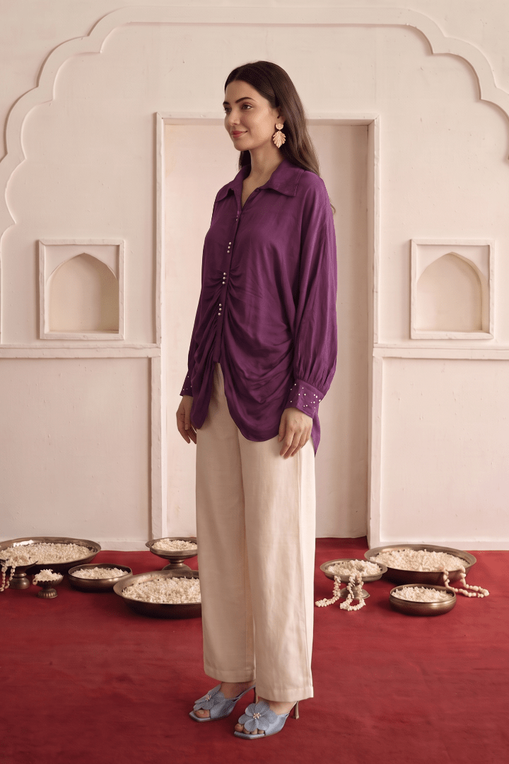 Wine Modal Satin Embroidered Kaftan Shirt with High-Low Hem - Western Era Tops for women