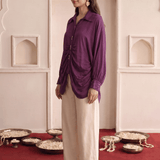 Wine Modal Satin Embroidered Kaftan Shirt with High-Low Hem - Western Era Tops for women