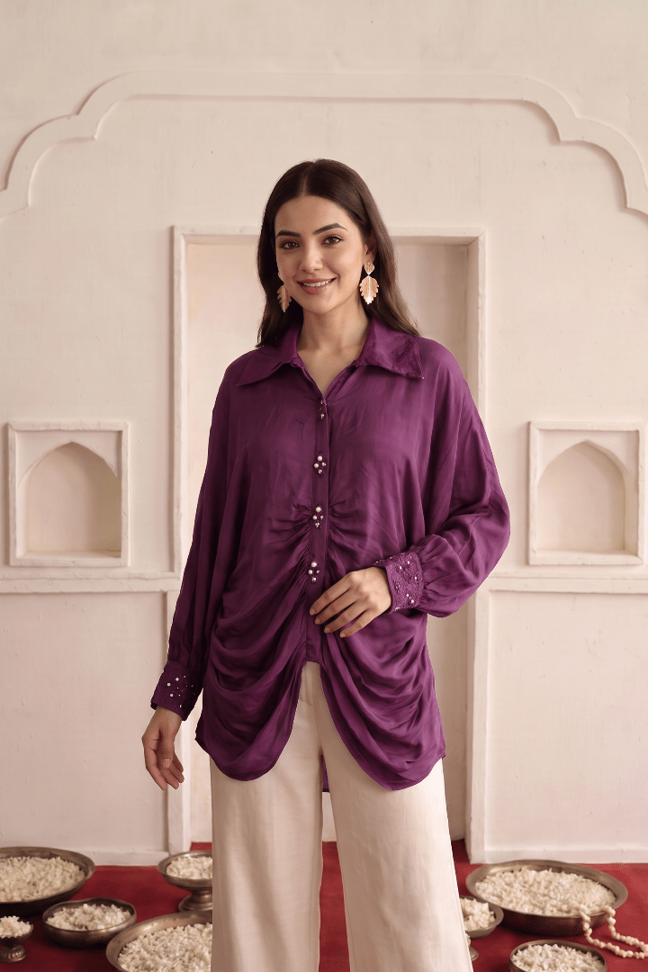 Kaftan Women's Wine Embroidered High Low Shirt - Western Era Tops for women