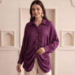 Wine Modal Satin Embroidered Kaftan Shirt with High-Low Hem - Western Era Tops for women