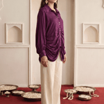 Wine Modal Satin Embroidered Kaftan Shirt with High-Low Hem - Western Era Tops for women