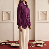 Wine Modal Satin Embroidered Kaftan Shirt with High-Low Hem - Western Era Tops for women