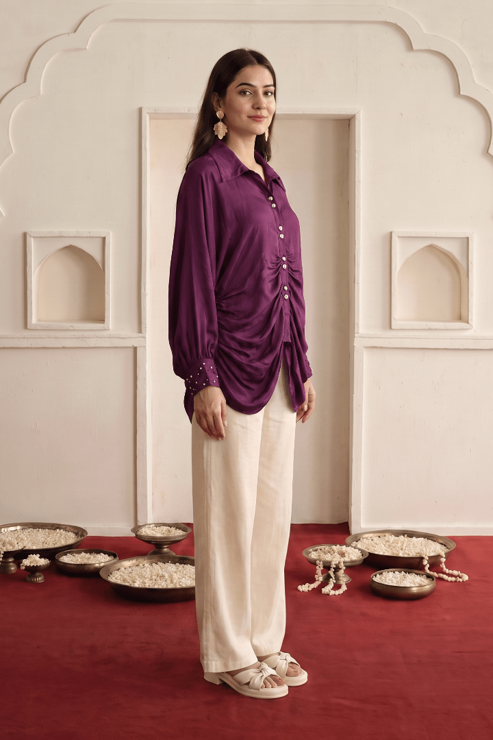Kaftan Women's Wine Embroidered High Low Shirt with Off White Stat Fit Pant Co Ord Set - Western Era Co-ord set for women