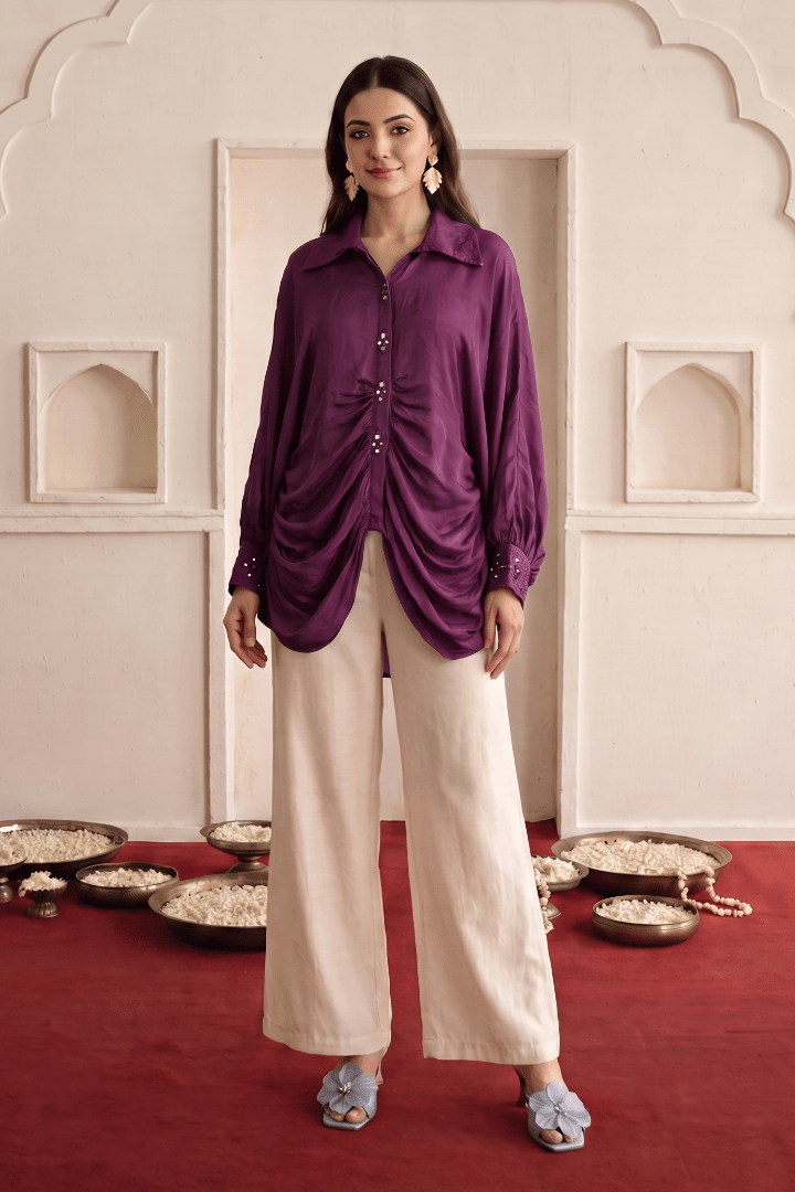 Kaftan Women's Wine Embroidered High Low Shirt with Off White Stat Fit Pant Co Ord Set - Western Era Co-ord set for women