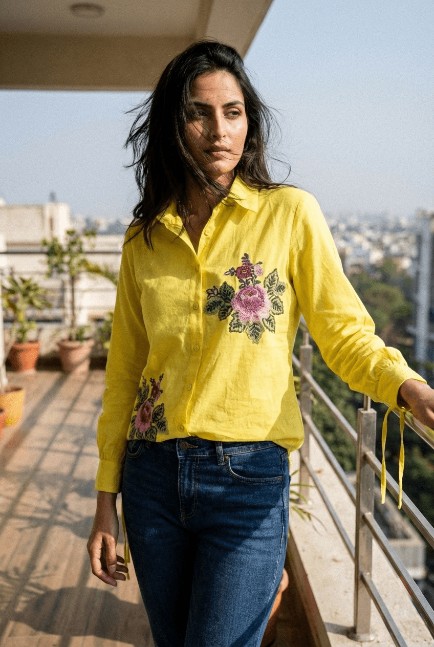 Kasuti - Inspired Embroidered Shirt with Ruched Details - Western Era Tops for women