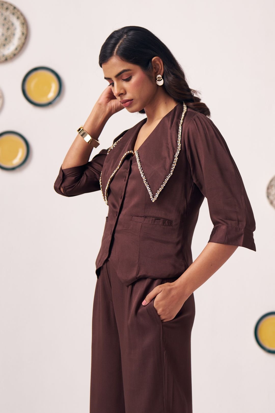 Kira Chocolate Brown Embellished Waistcoat Top - Western Era Tops for women