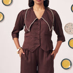 Kira Chocolate Brown Embellished Waistcoat Top - Western Era Tops for women