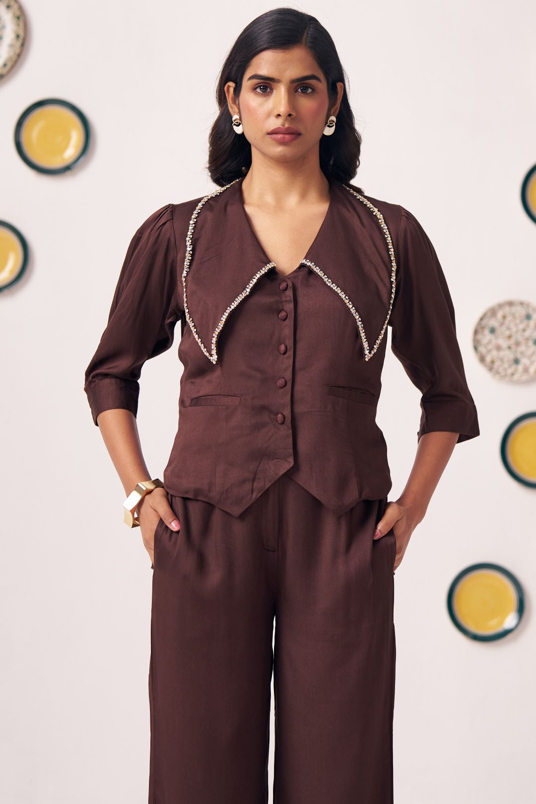 Kira Chocolate Brown Embellished Waistcoat Top - Western Era Tops for women