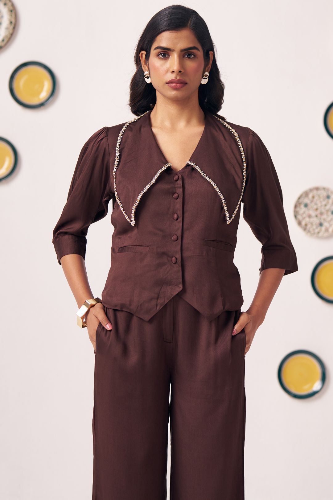 Kira Chocolate Brown Embellished Waistcoat Top - Western Era Tops for women