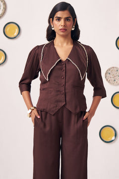 Kira Chocolate Brown Embellished Waistcoat Top