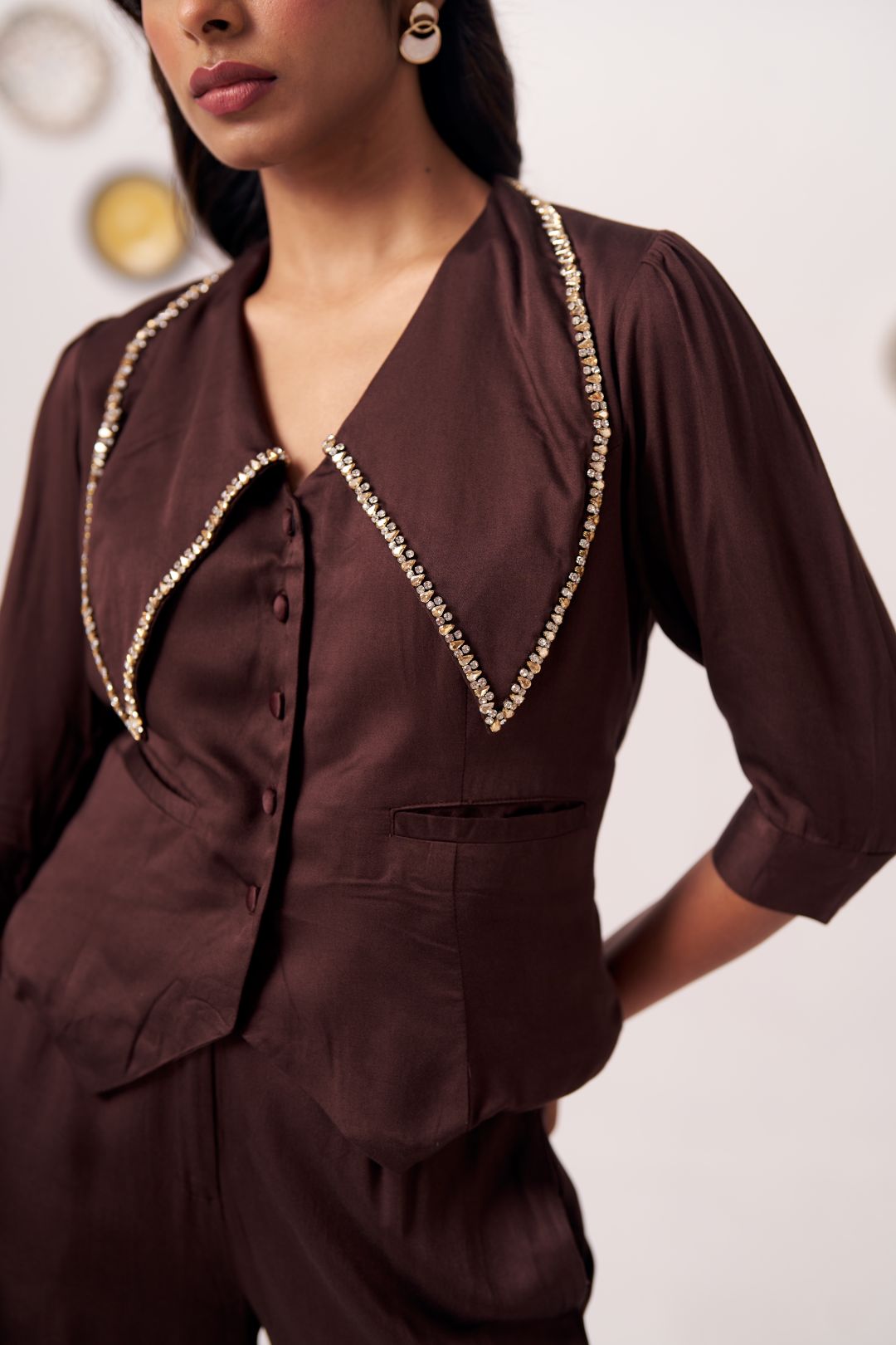 Kira Chocolate Brown Embellished Waistcoat Top - Western Era Tops for women