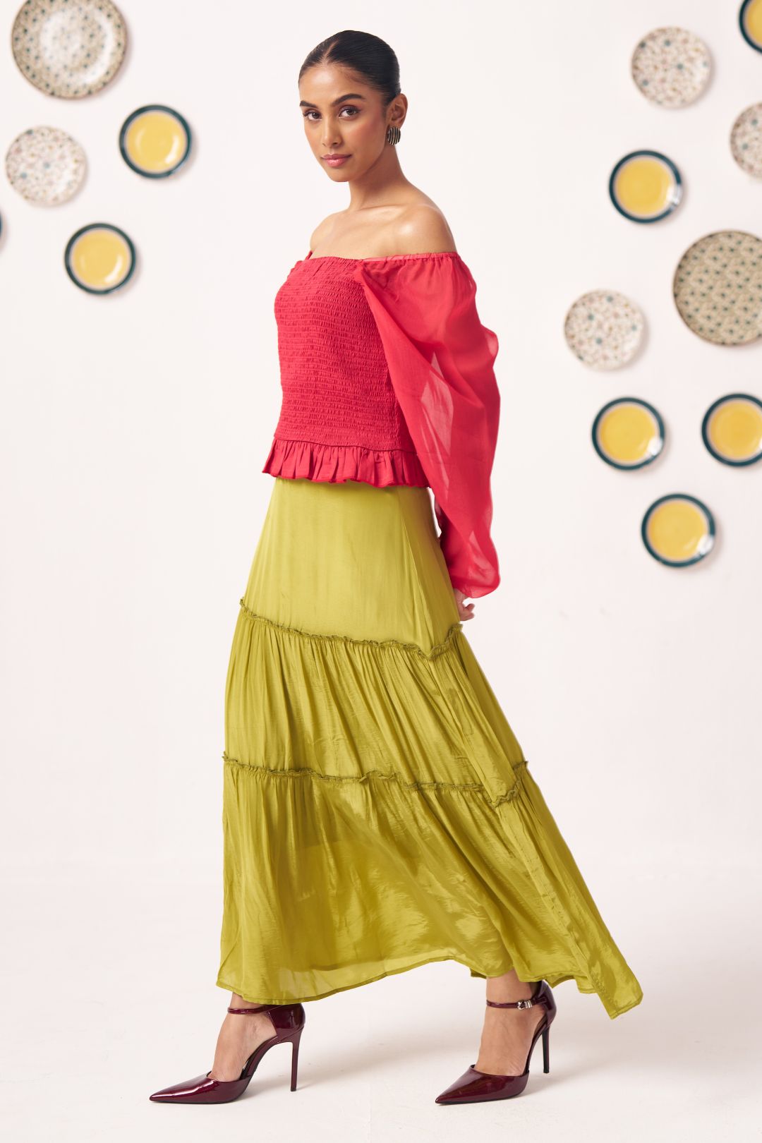 Liora Smocked Organza Top with Flared Skirt - Western Era Co - ord set for women