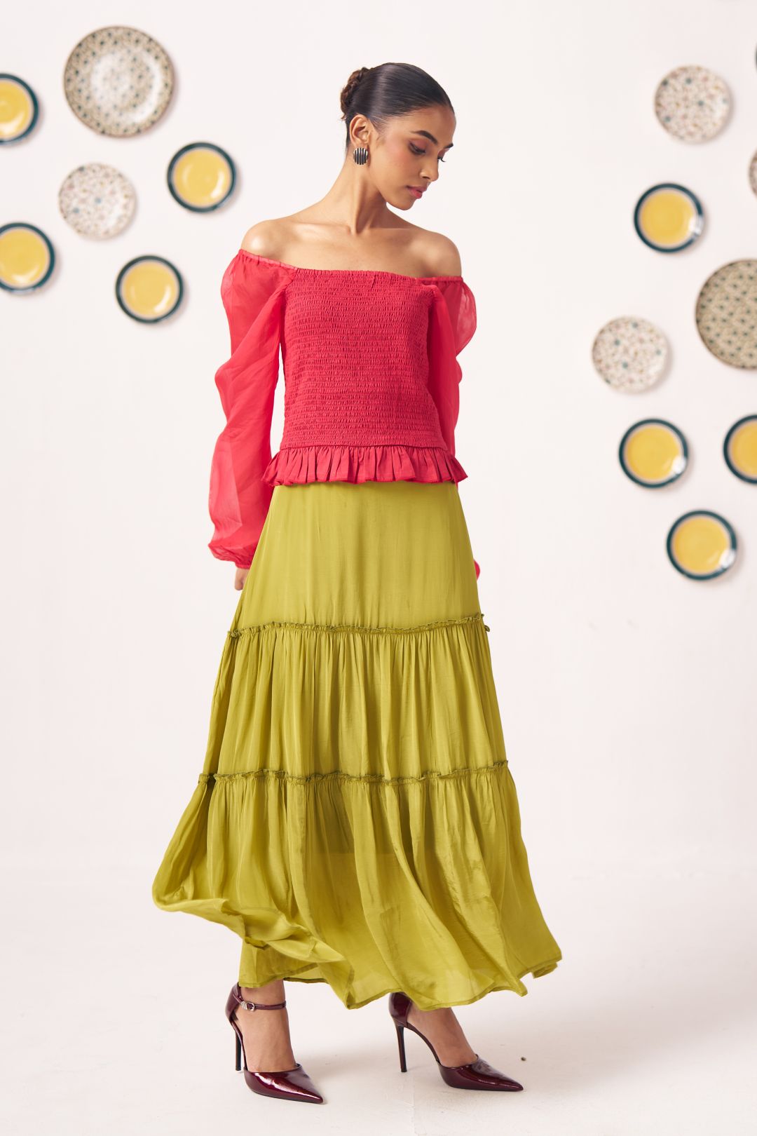 Liora Smocked Organza Top with Flared Skirt - Western Era Co - ord set for women