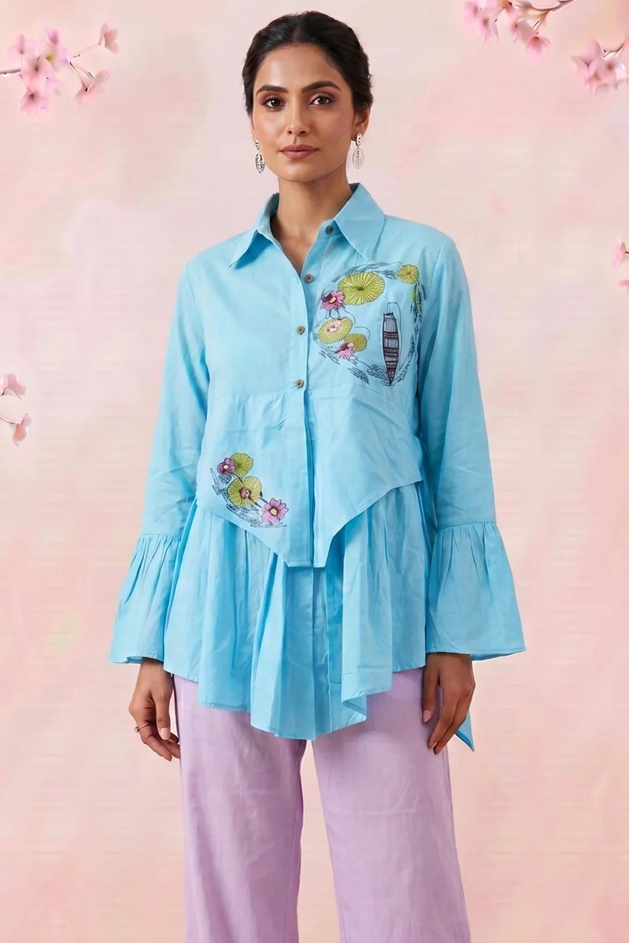 Lotus Drift Embroidered Bell Sleeves Shirt - Western Era Tops for women