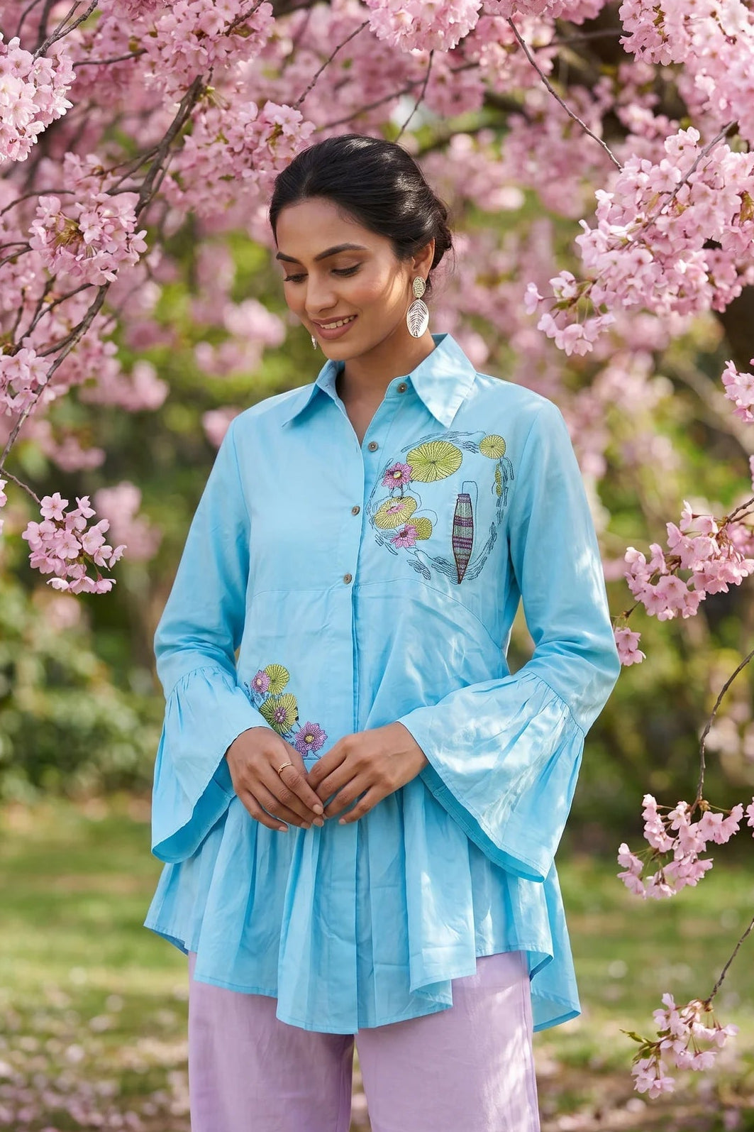 Lotus Drift Embroidered Bell Sleeves Shirt - Western Era Tops for women