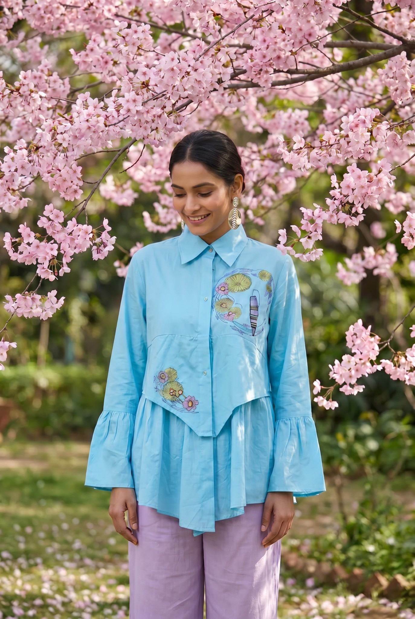 Lotus Drift Embroidered Bell Sleeves Shirt - Western Era Tops for women