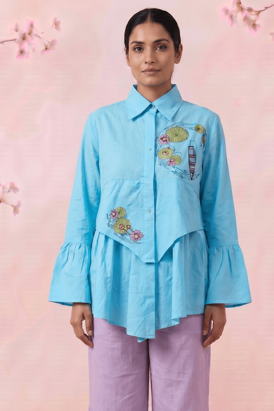 Lotus Drift Embroidered Gathers And Voluminous Sleeves Shirt - Western Era Tops for women