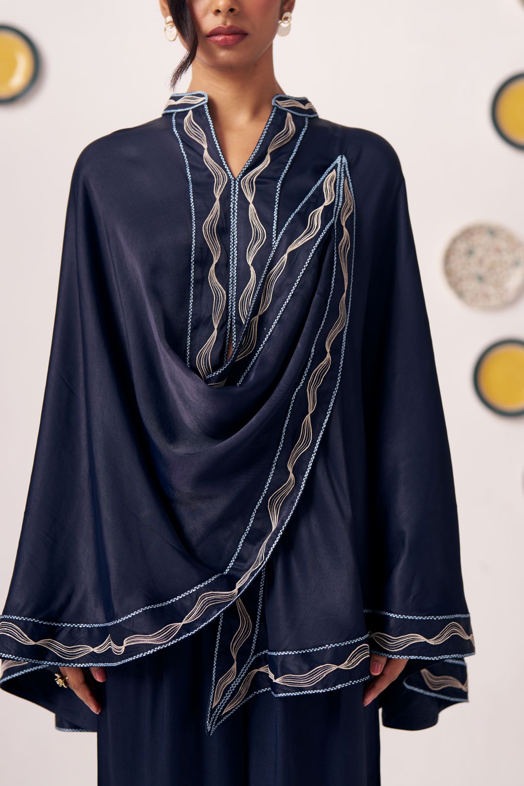 Lunaris Navy Blue Draped Cape Top & Wide - Leg Pants Co - Ord Set - Western Era Co - ord set for women