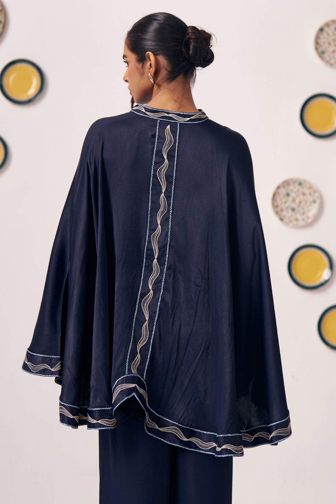 Lunaris Navy Blue Draped Cape Top & Wide - Leg Pants Co - Ord Set - Western Era Co - ord set for women