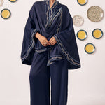 Lunaris Navy Blue Draped Cape Top & Wide - Leg Pants Co - Ord Set - Western Era Co - ord set for women