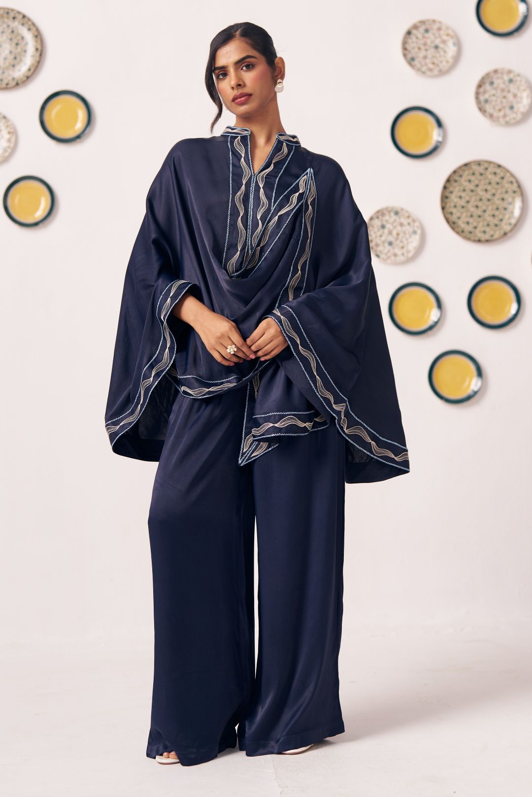 Lunaris Navy Blue Draped Cape Top & Wide - Leg Pants Co - Ord Set - Western Era Co - ord set for women