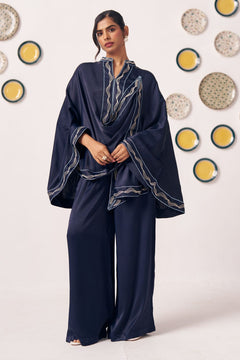 Lunaris Navy Blue Draped Cape Top & Wide-Leg Pants Co-Ord Set