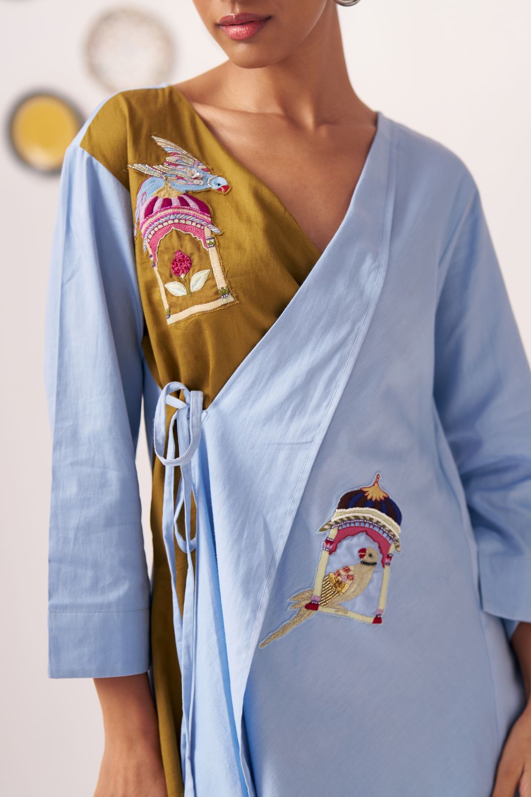 Mahira Dual - Tone Wrap Top with Bird Embroidery - Western Era Tops for women