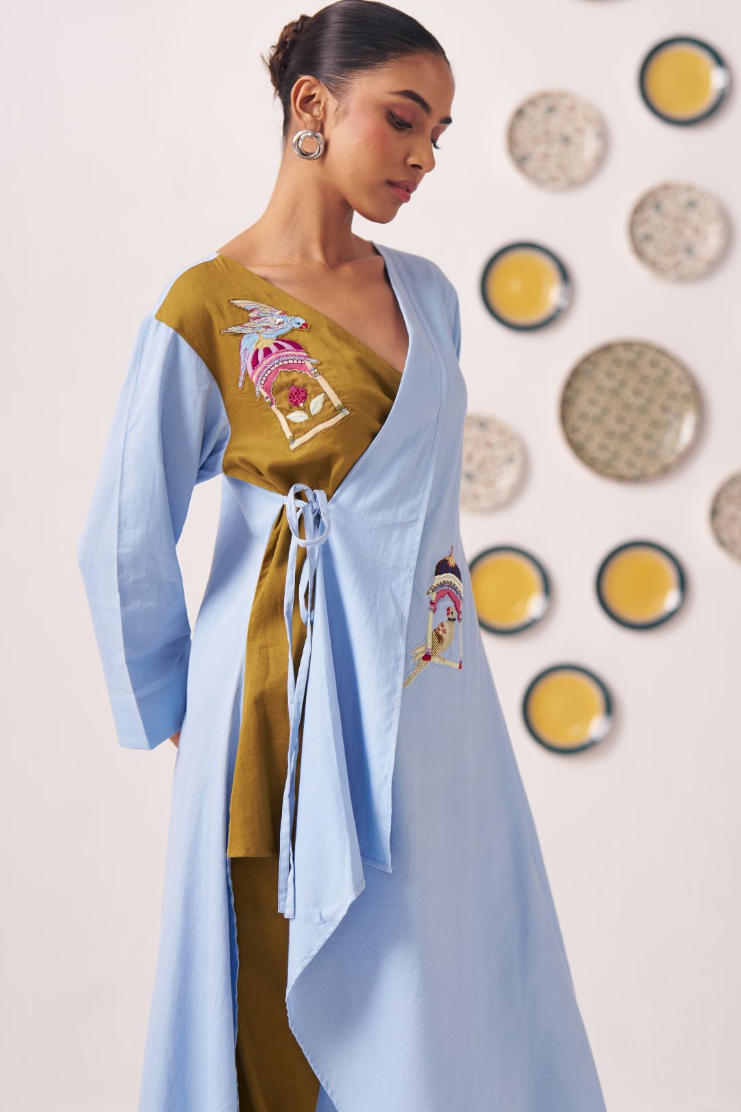 Mahira Dual - Tone Wrap Top with Bird Embroidery - Western Era Tops for women