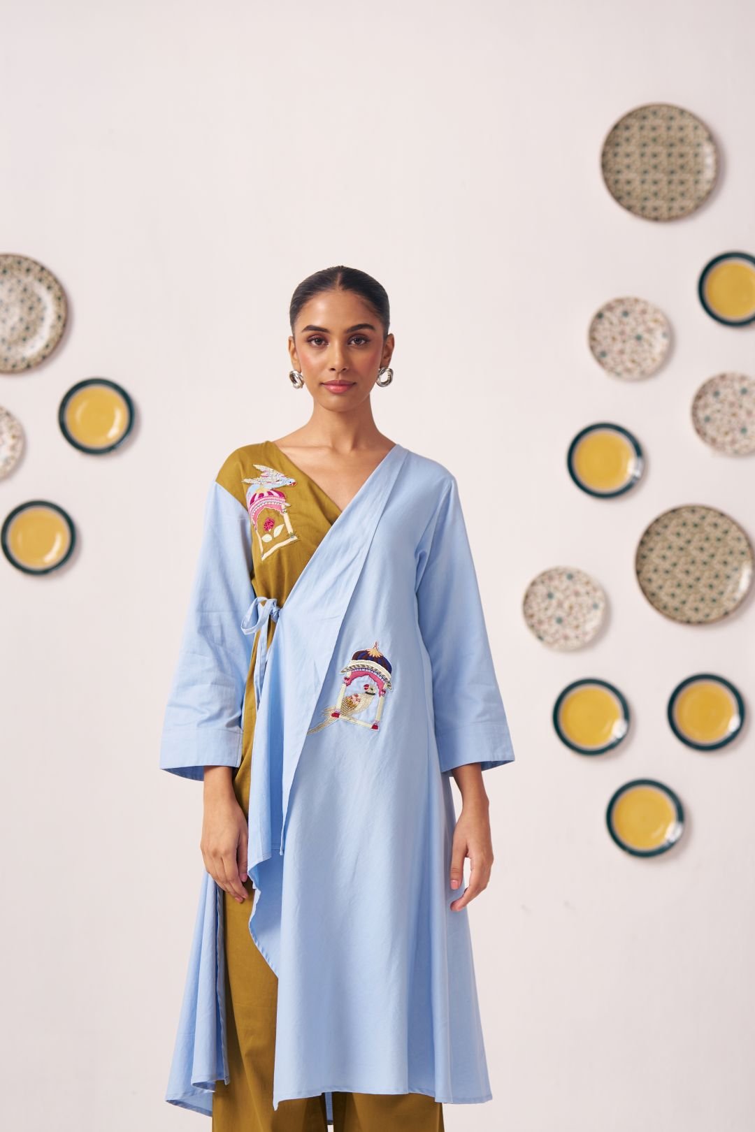 Mahira Dual - Tone Wrap Top with Bird Embroidery - Western Era Tops for women