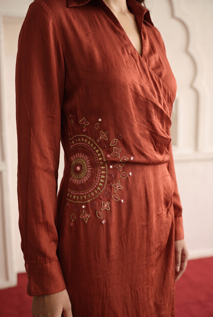 Mandala Inspired Embroidered Side Wrap Gathered and Collar Nack Dress - Western Era Dresses for women