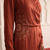 Mandala Inspired Embroidered Side Wrap Gathered and Collar Nack Dress - Western Era Dresses for women