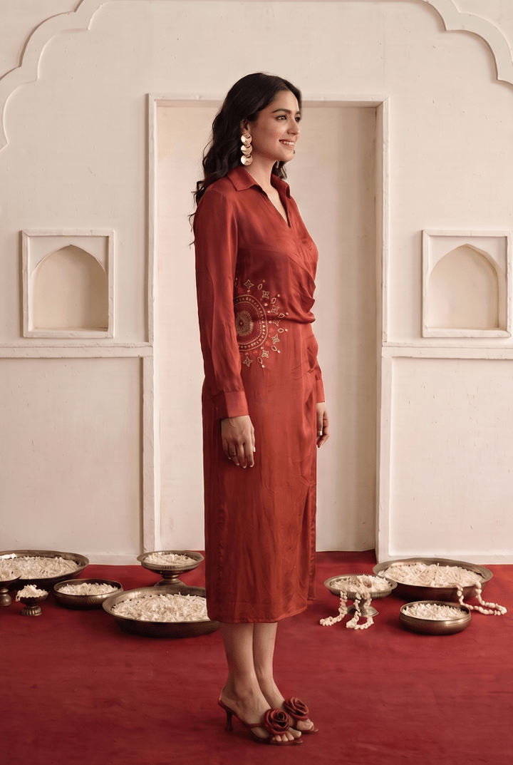 Mandala Inspired Embroidered Side Wrap Gathered and Collar Nack Dress - Western Era Dresses for women