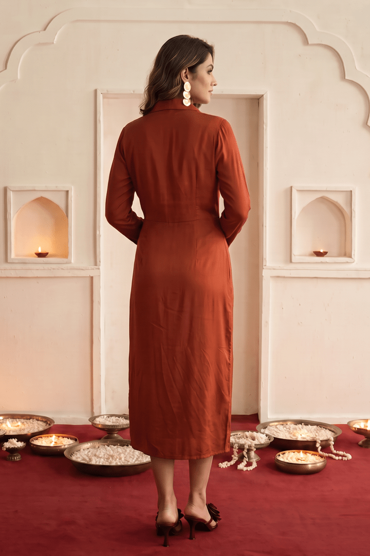 Mandala Inspired Embroidered Side Wrap Gathered and Collar Nack Dress - Western Era Dresses for women