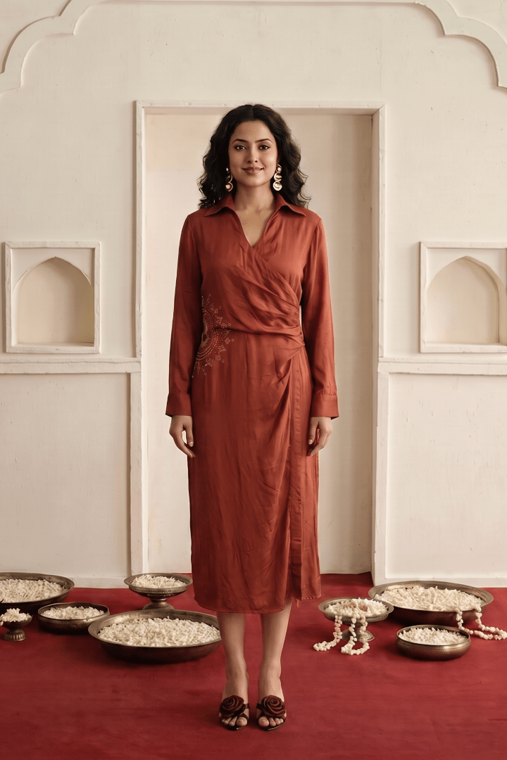 Mandala Inspired Embroidered Side Wrap Gathered and Collar Nack Dress - Western Era Dresses for women