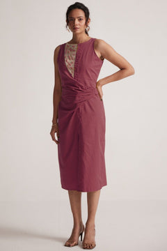 Maroon Mid Dress with Side Drape and Mother Pearls Embellished on The Front Yoke