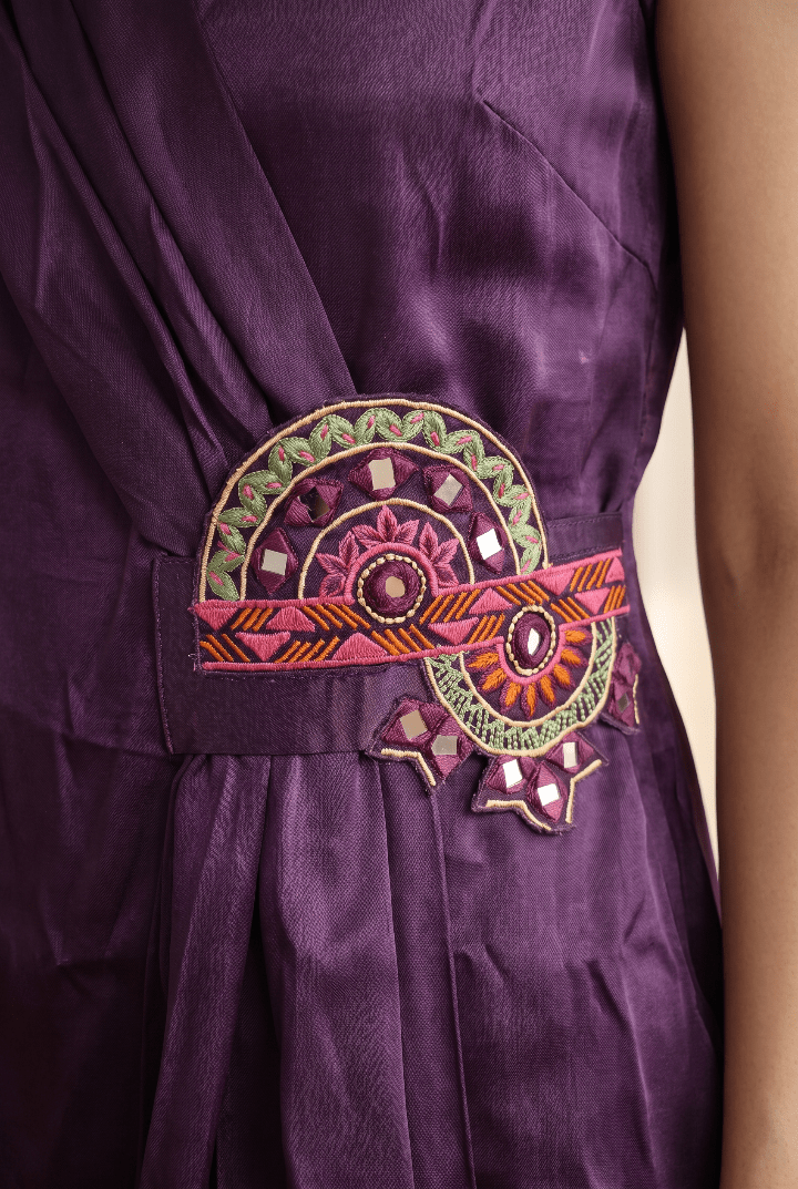 Midnight Bloom Plum Modal Satin One-Shoulder Draped Top with Mandala Motif - Western Era Tops for women
