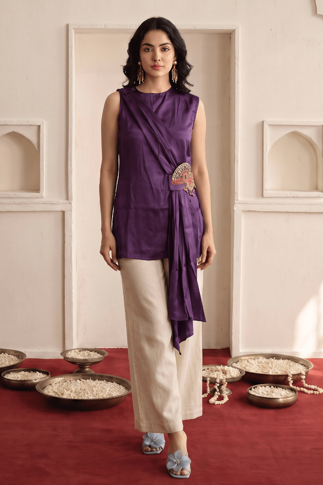 Midnight Bloom Waist Detail and One Shoulder Drap Top with Mandala Motif with Off White Stat Fit Pan Co Ord Set - Western Era Co-ord set for women
