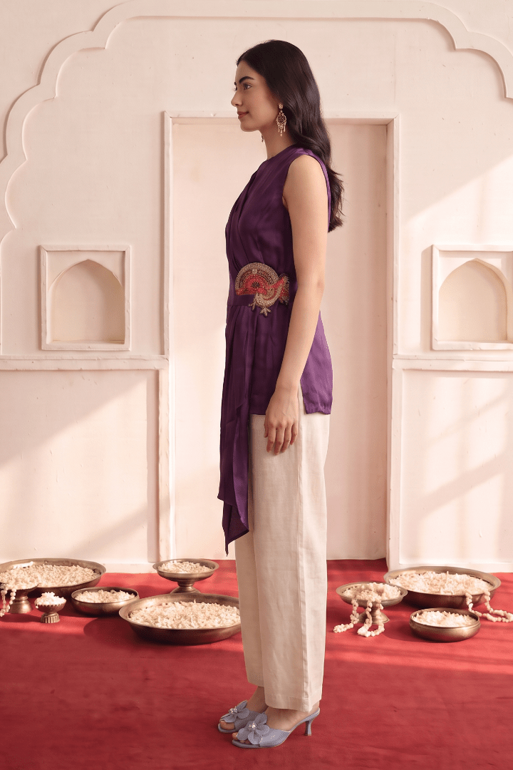 Midnight Bloom Waist Detail and One Shoulder Drap Top with Mandala Motif with Off White Stat Fit Pan Co Ord Set - Western Era Co-ord set for women