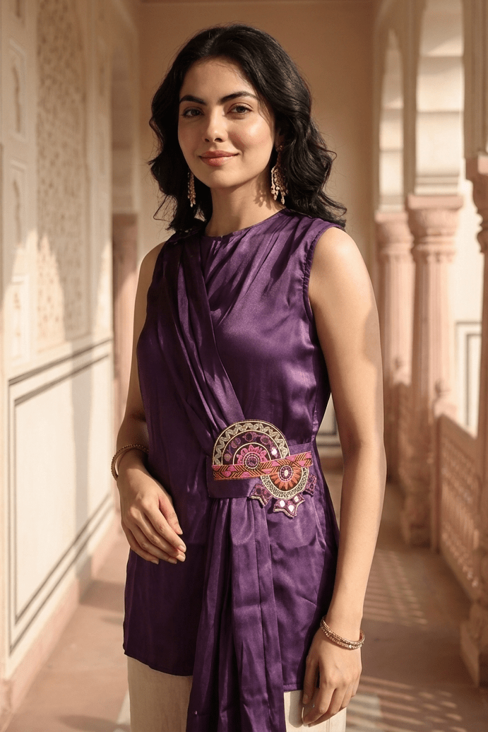 Midnight Bloom Plum Modal Satin One-Shoulder Draped Top with Mandala Motif - Western Era Tops for women